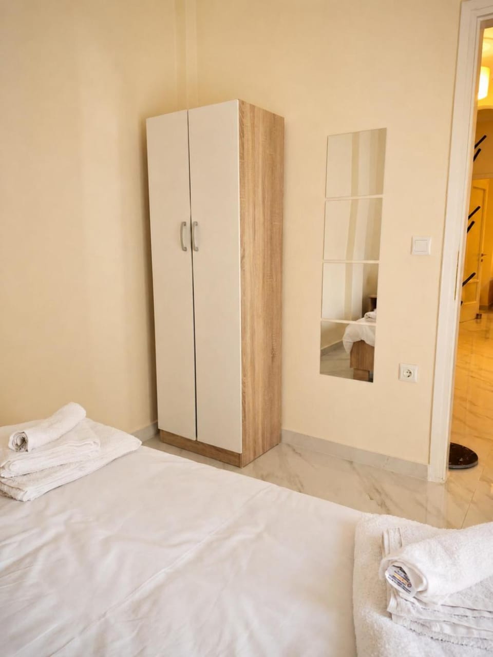 Bed, wardrobe
