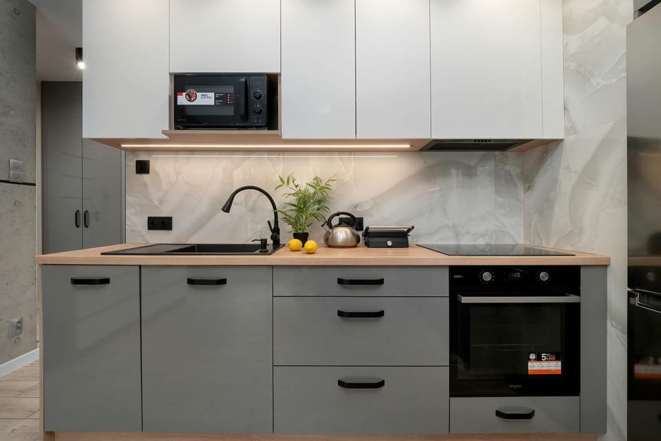 Kitchen or kitchenette, dishwasher, stove