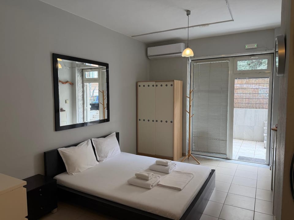 Bed, wardrobe