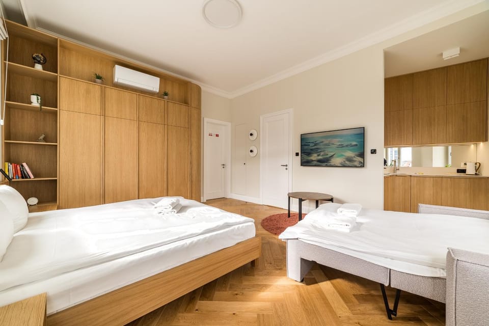 Bed, TV and multimedia, Photo of the whole room, Bedroom, towels, wardrobe, air conditioner