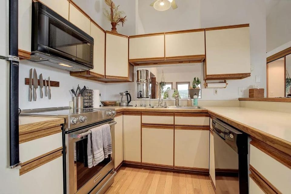 Kitchen or kitchenette, dishwasher, microwave, stove, towels, kitchen