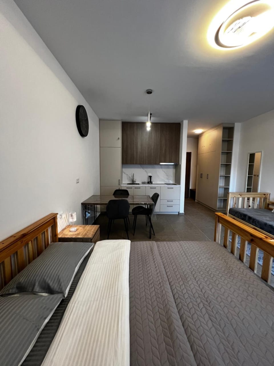 Bed, kitchen