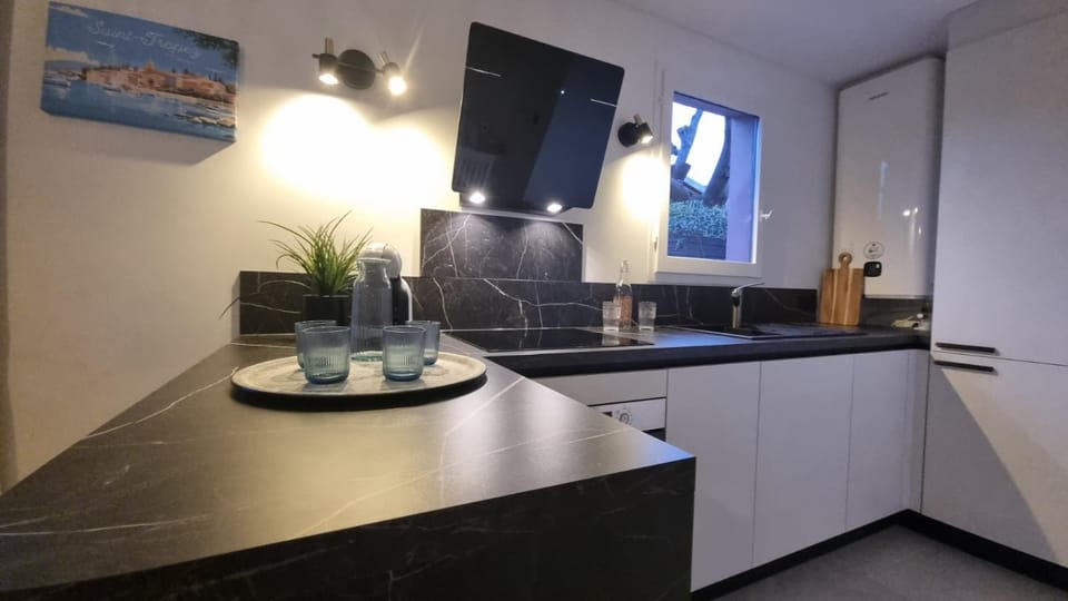 Kitchen or kitchenette, dishwasher, oven, stove