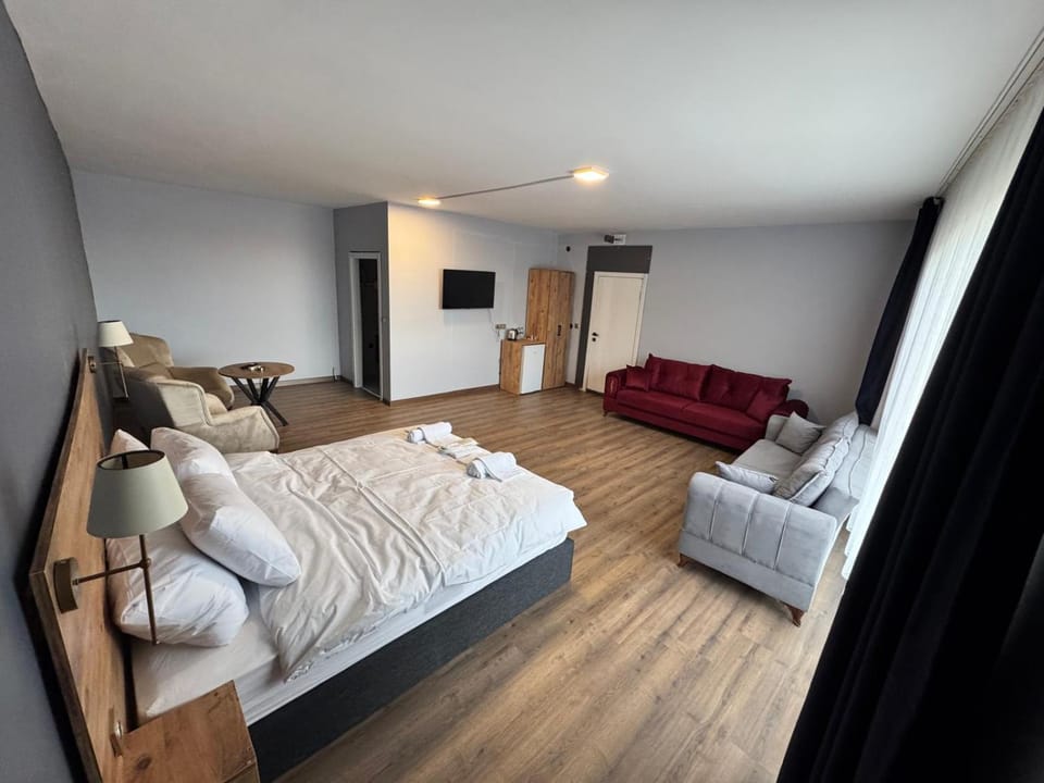 Bed, Living room, Seating area, Bedroom
