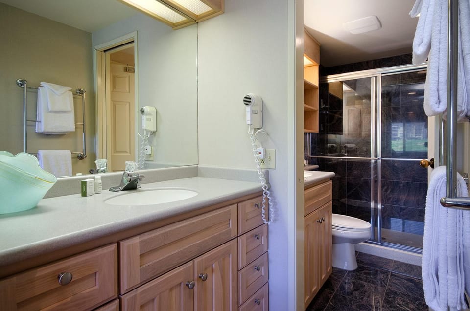 Shower, Toilet, Bathroom, hair dryier, towels, air conditioner