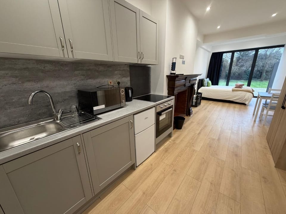 Kitchen or kitchenette, Dining area, Bedroom, microwave, oven