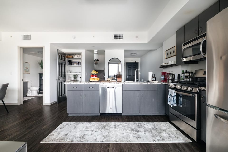Kitchen or kitchenette, dishwasher, oven, stove