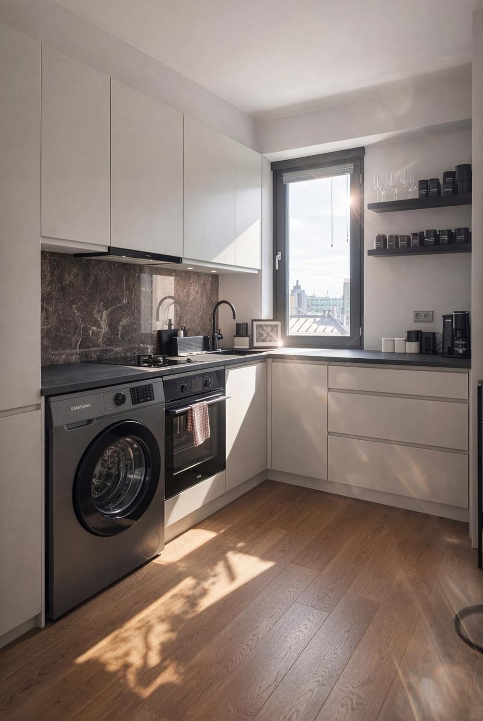 Coffee/tea facilities, Kitchen or kitchenette, stove, washing machine
