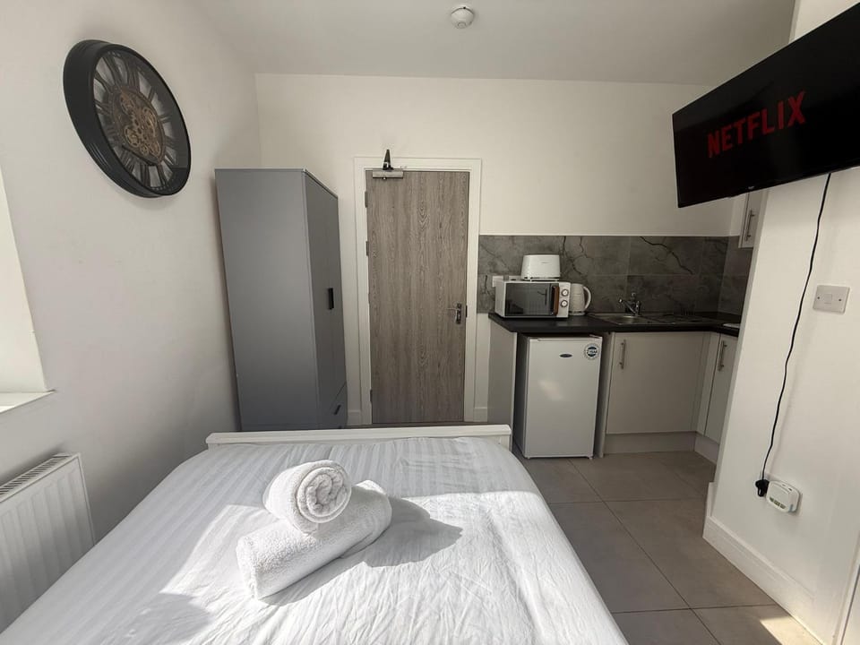 Bed, TV and multimedia, Kitchen or kitchenette, Photo of the whole room, Bedroom, oven, towels, wardrobe