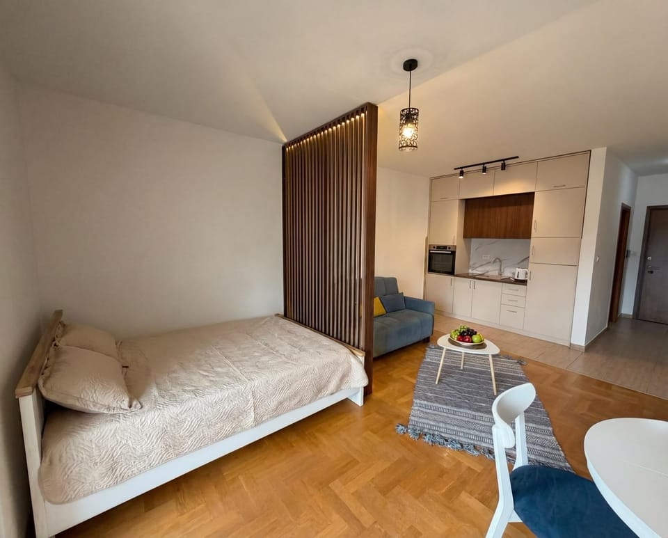 Bed, TV and multimedia, Kitchen or kitchenette, Living room, Photo of the whole room, Seating area, Bedroom