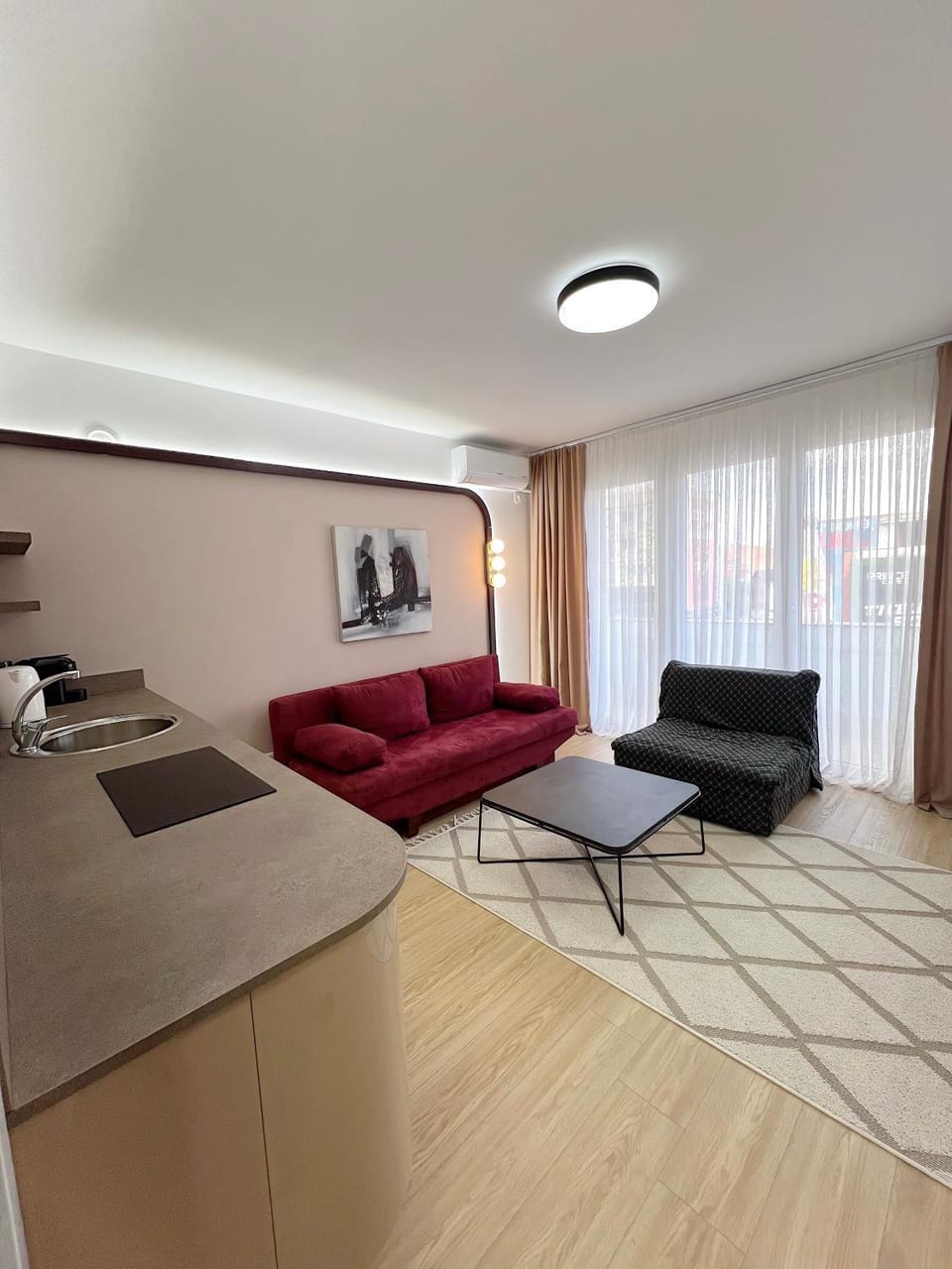 Kitchen or kitchenette, Living room, Seating area