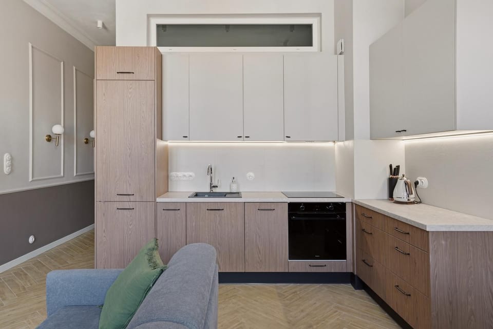 Kitchen or kitchenette, stove