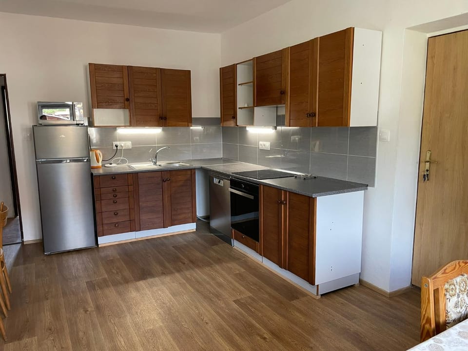 Kitchen or kitchenette, dishwasher, oven, stove