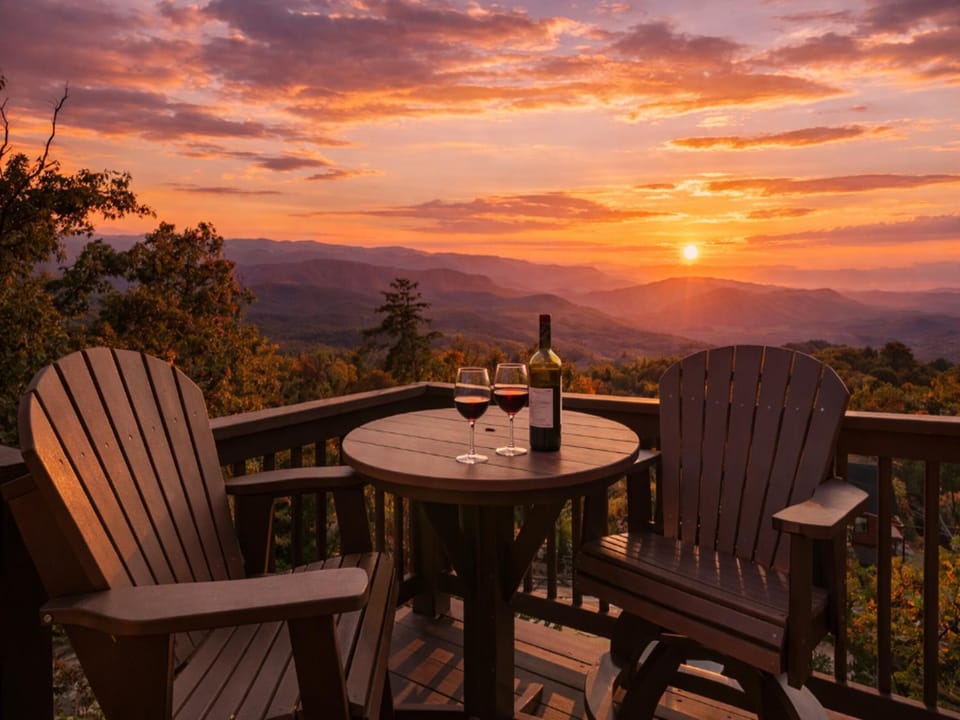 Balcony/Terrace, Seating area, Autumn, Mountain view, Sunset