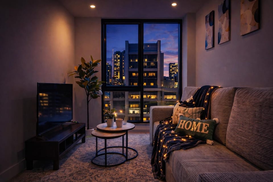 Night, TV and multimedia, Living room, Seating area, City view