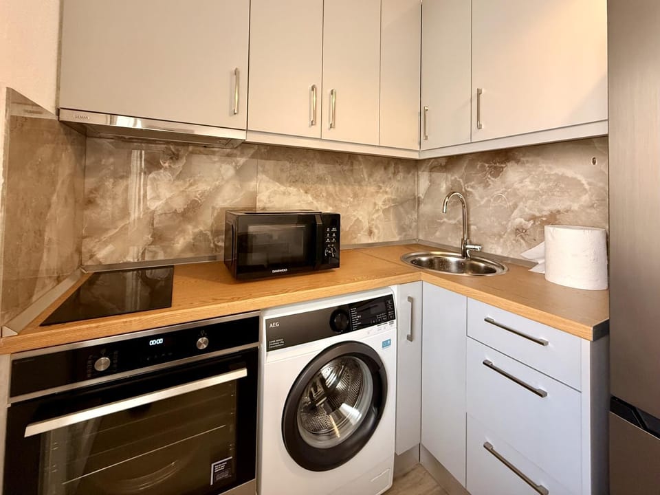 Kitchen or kitchenette, oven, stove, washing machine