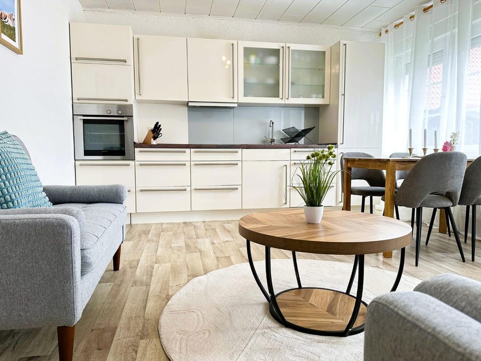 Kitchen or kitchenette, Living room, Seating area, Dining area, stove