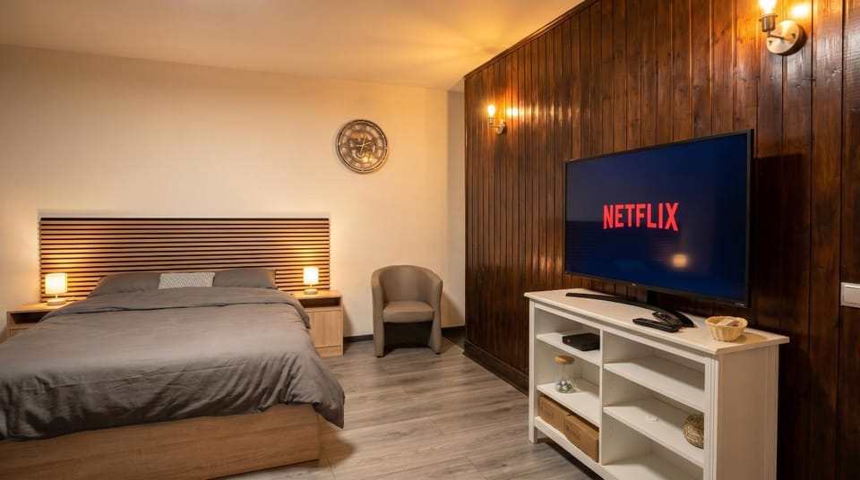 Bed, TV and multimedia, Living room, Lounge or bar, Photo of the whole room, Seating area, Bedroom