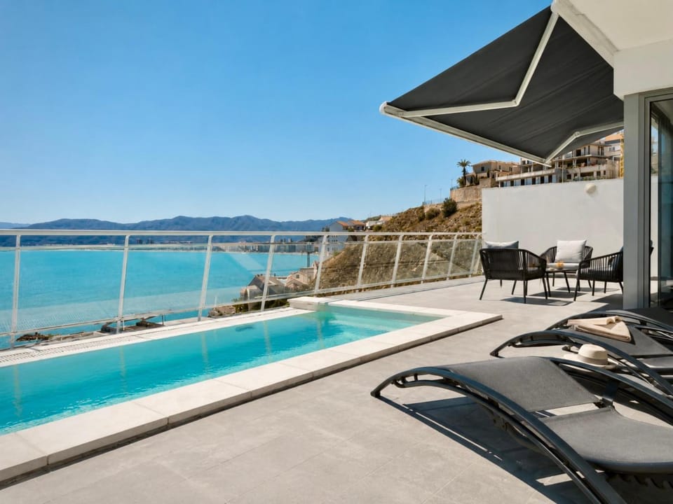 Patio, Day, Balcony/Terrace, Balcony/Terrace, Mountain view, Pool view, Sea view, Swimming pool, sunbed