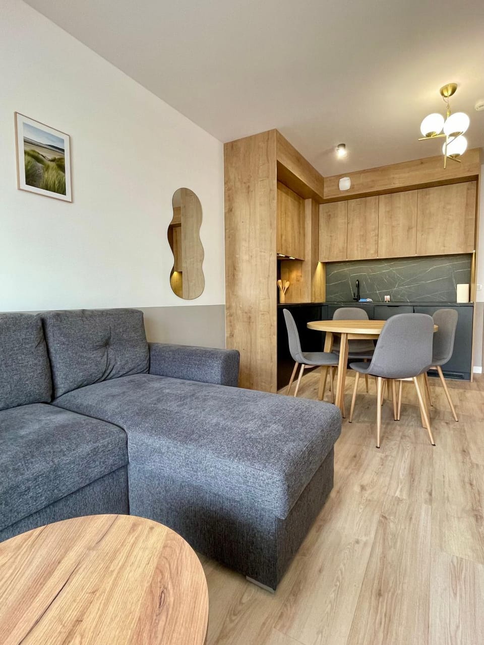 Kitchen or kitchenette, Living room, Seating area, Dining area