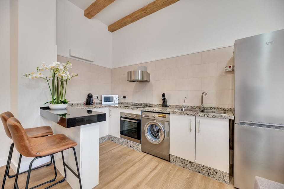 Kitchen or kitchenette, oven, stove, washing machine