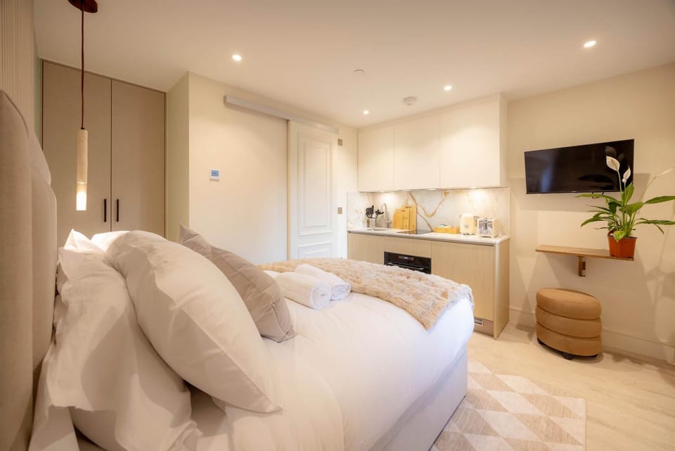 Bed, TV and multimedia, Kitchen or kitchenette, Seating area, towels