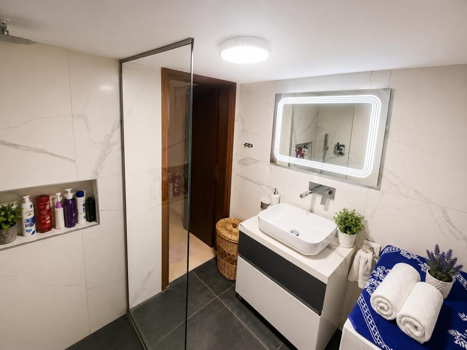 Bathroom, towels, washing machine