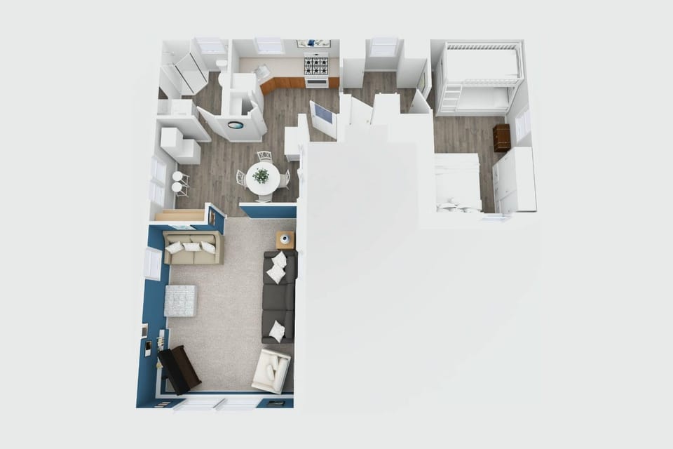Bird's eye view, Kitchen or kitchenette, Living room, Floor plan, Dining area, Bedroom