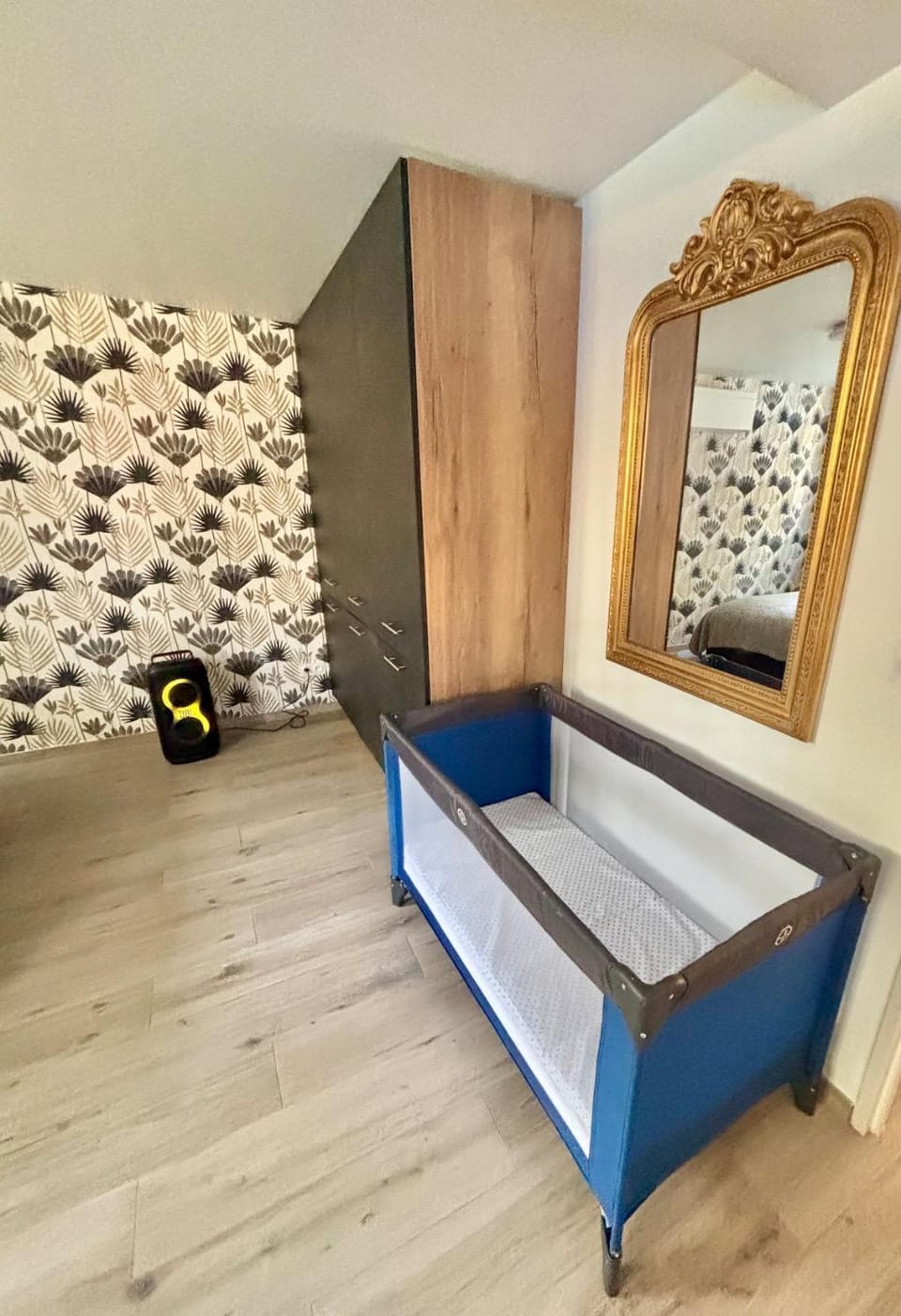 Photo of the whole room, Bedroom, cot, wardrobe