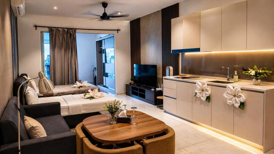 TV and multimedia, Kitchen or kitchenette, Living room, Dining area, Bedroom