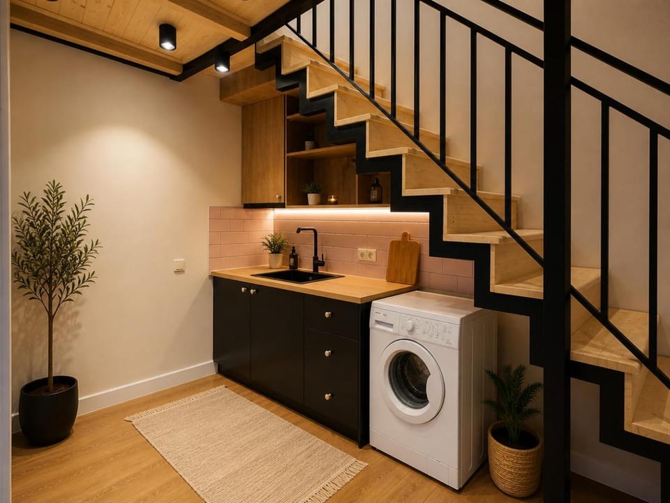 Kitchen or kitchenette, Living room, Dining area, washing machine