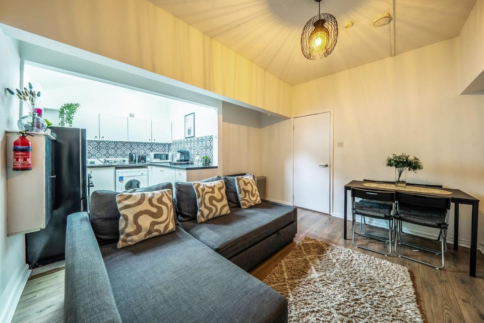 Living room, microwave, oven, washing machine