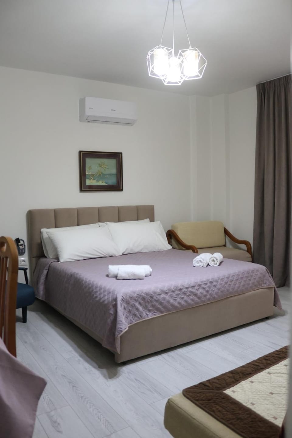 Bed, Photo of the whole room, Bedroom, towels, air conditioner