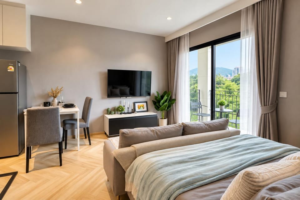Bed, Natural landscape, TV and multimedia, Living room, Photo of the whole room, Dining area, Bedroom, Mountain view