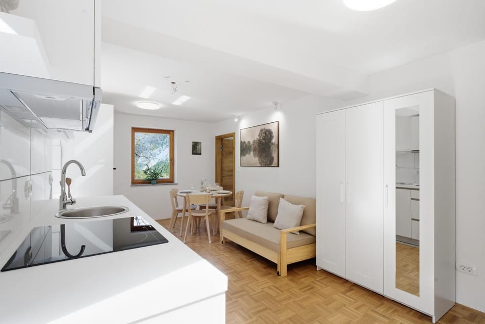 Kitchen or kitchenette, Living room, Seating area, Dining area