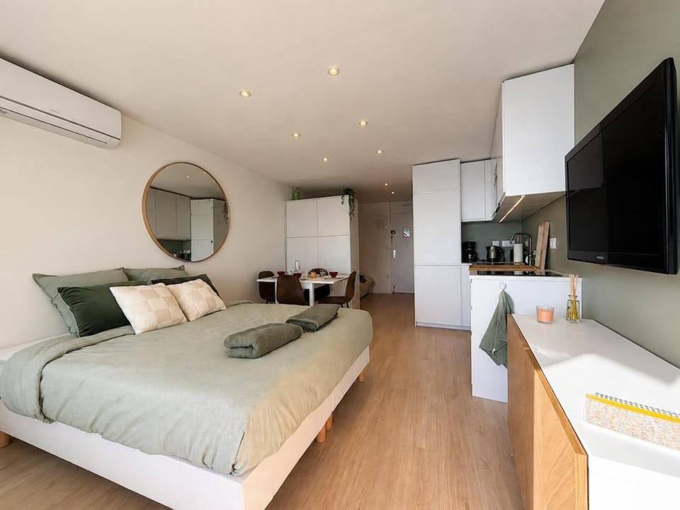 Bed, TV and multimedia, Kitchen or kitchenette, Living room, Photo of the whole room, Seating area, Bedroom, air conditioner