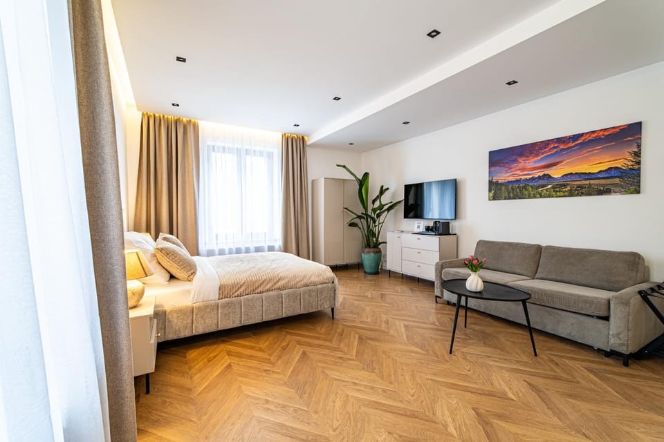 Bed, TV and multimedia, Coffee/tea facilities, Living room, Photo of the whole room, Seating area, Bedroom, Mountain view, flat iron, safe, wardrobe