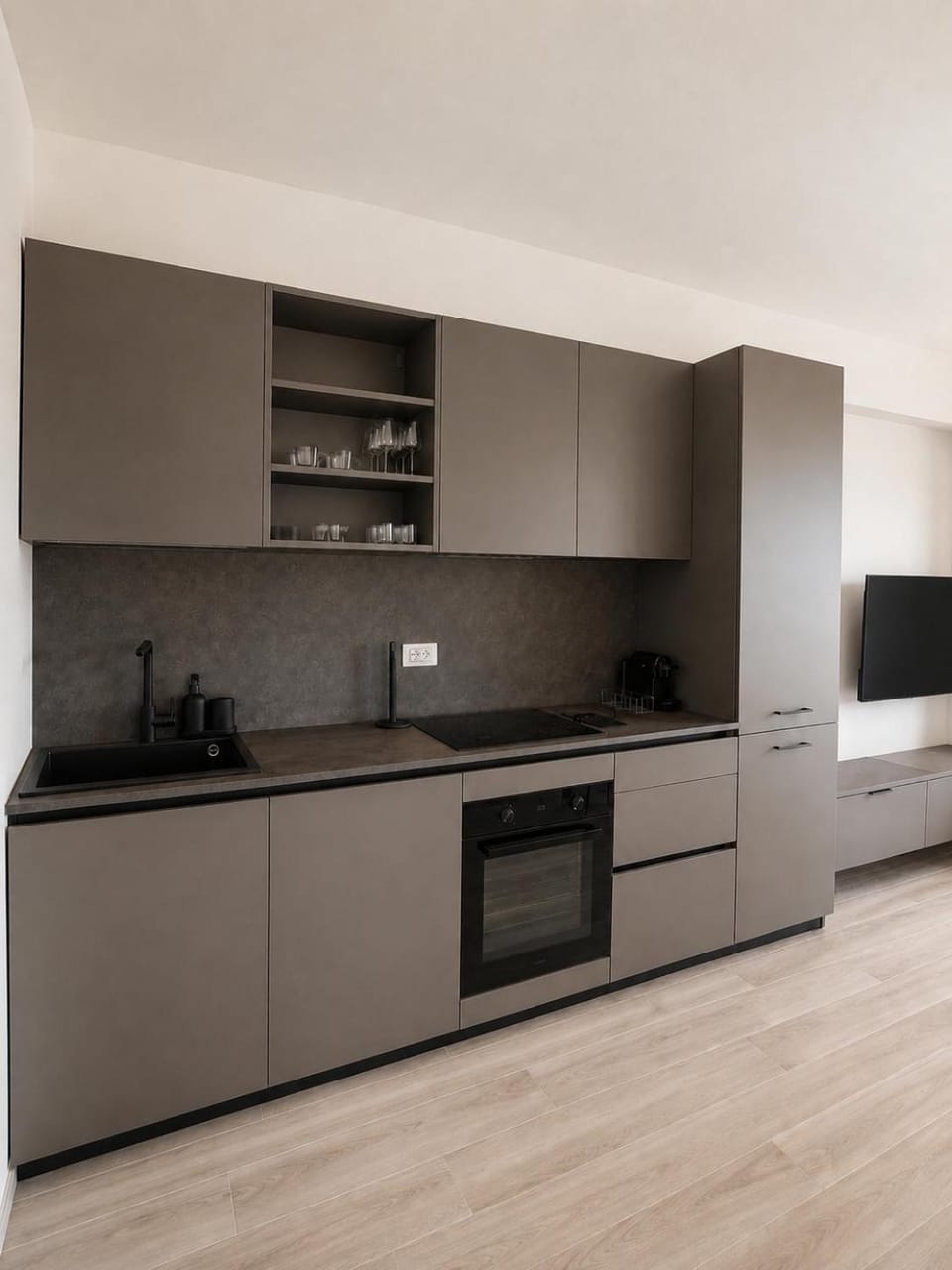 Kitchen or kitchenette, dishwasher, stove