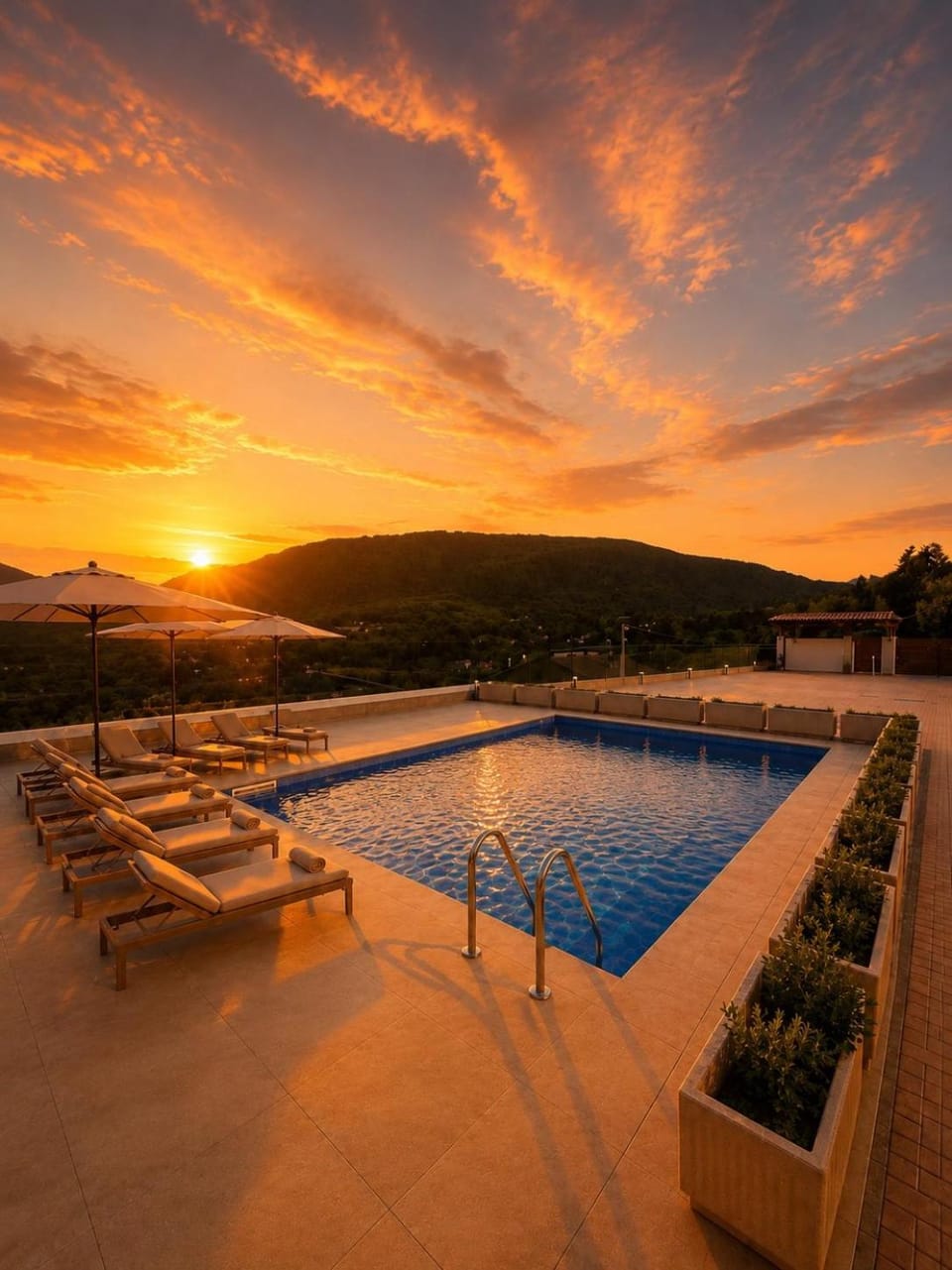 Nearby landmark, Day, Natural landscape, Mountain view, Pool view, Swimming pool, Sunrise, Sunset, sunbed