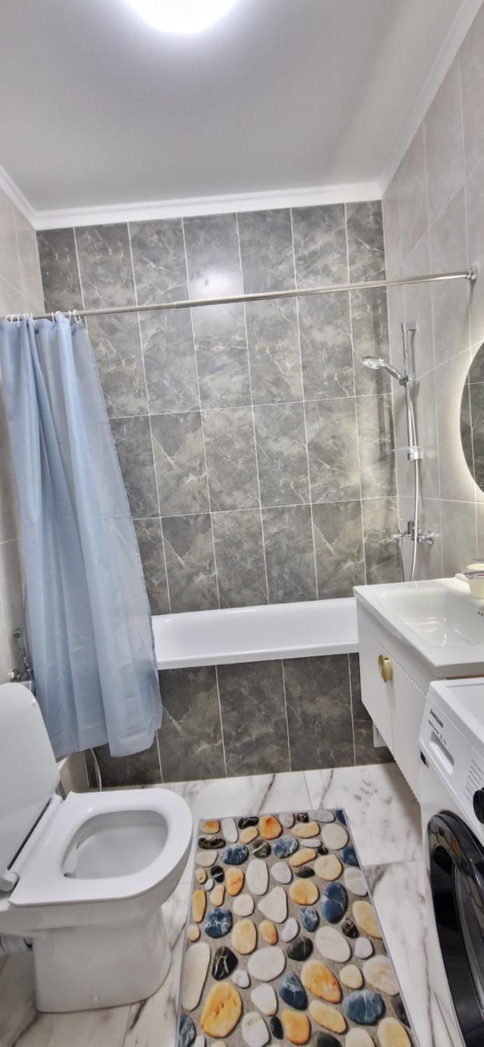 Toilet, Bathroom, Bath, bidet, towels, washing machine, dryer