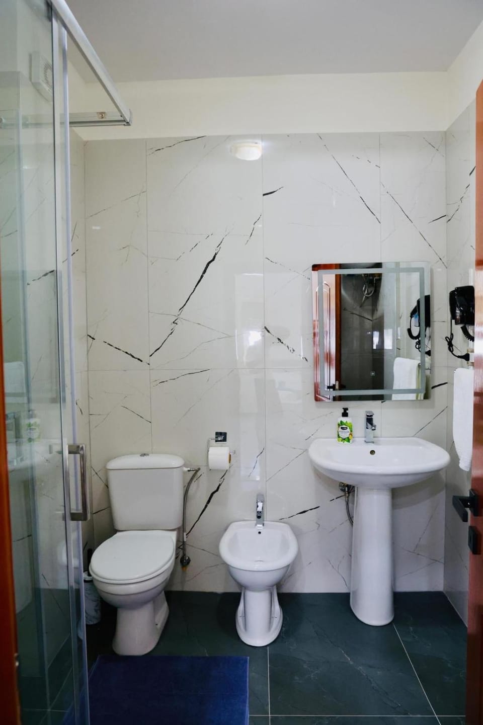 Shower, Toilet, Bathroom, bidet, hair dryier, towels, washing machine