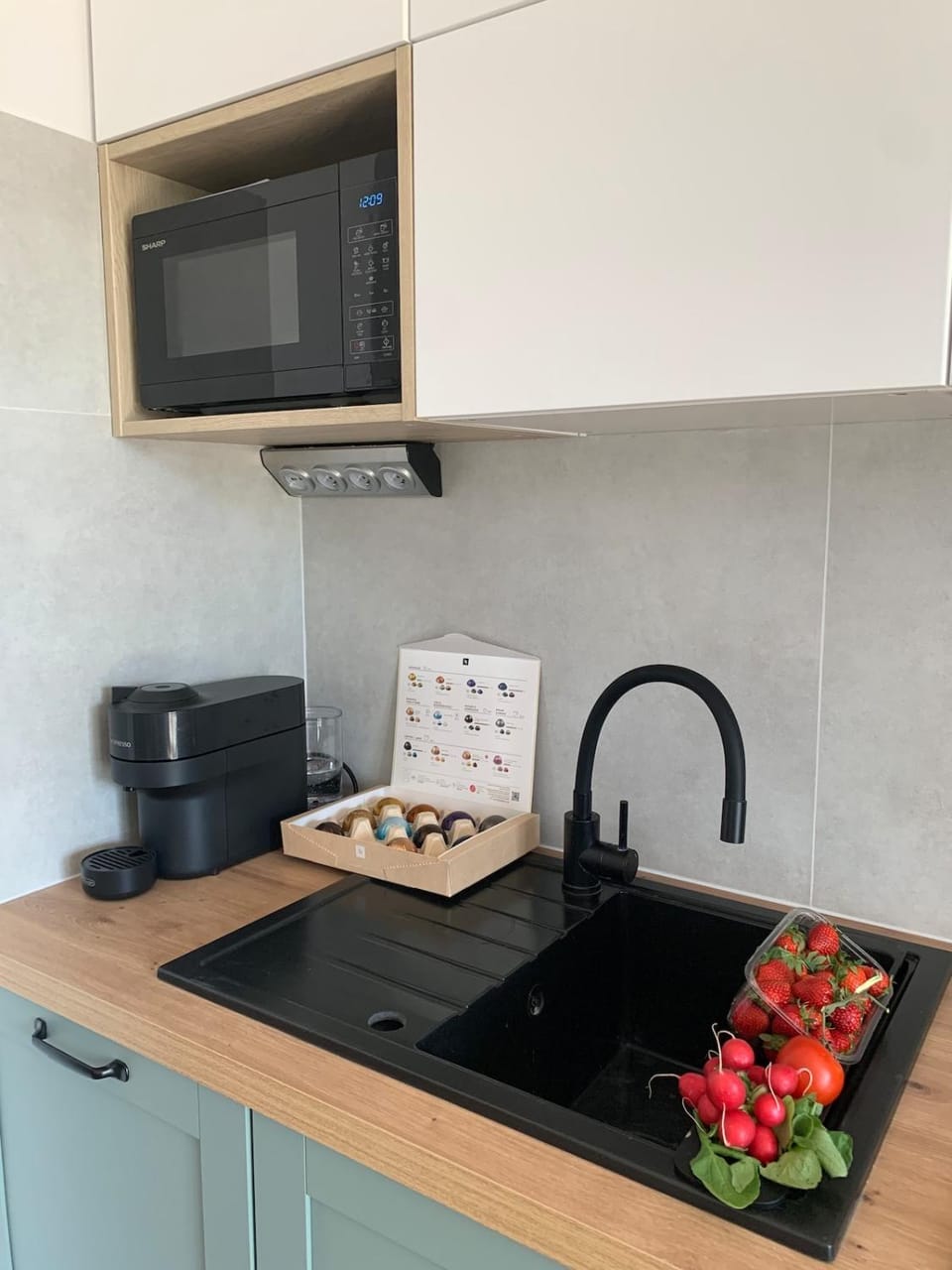 Kitchen or kitchenette, microwave