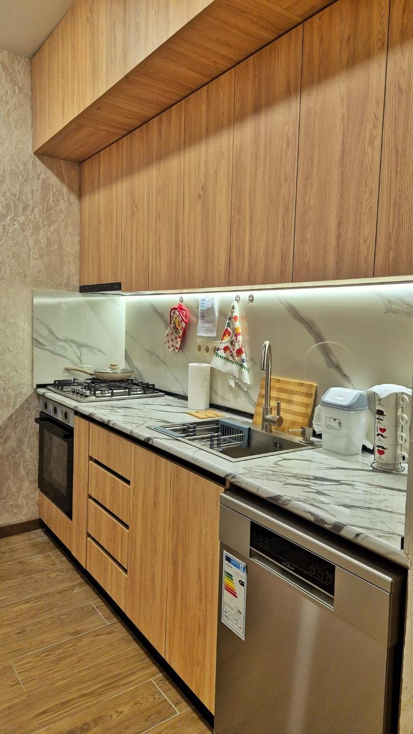 Kitchen or kitchenette, dishwasher, stove