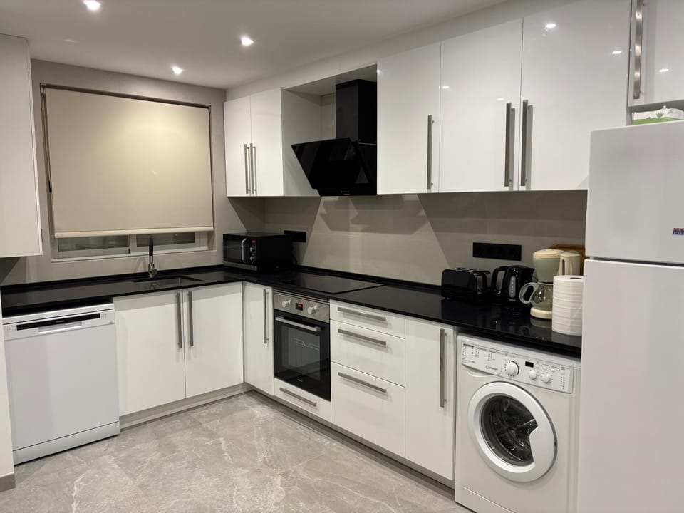 Kitchen or kitchenette, dishwasher, oven, stove, toaster, washing machine