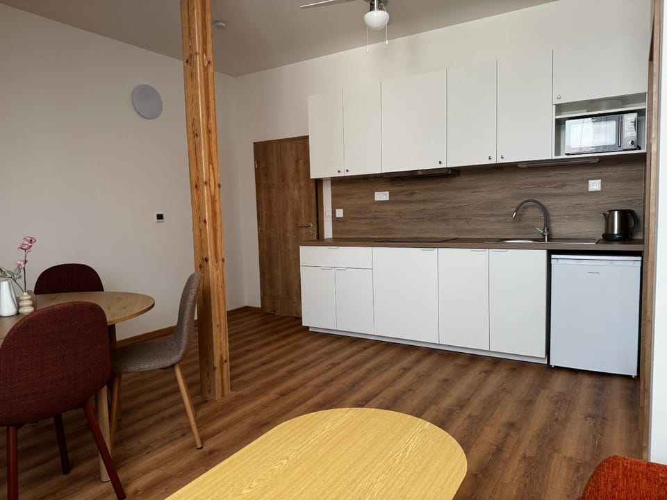 Kitchen or kitchenette, stove
