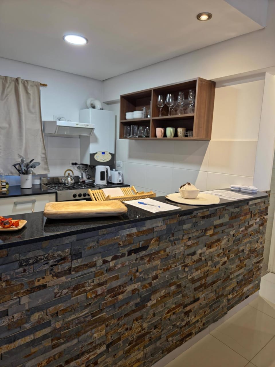 Kitchen or kitchenette, stove