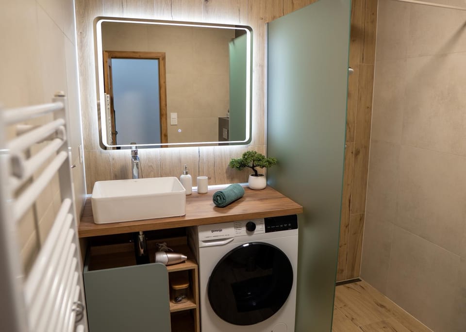 Shower, Bathroom, hair dryier, towels, washing machine, dryer