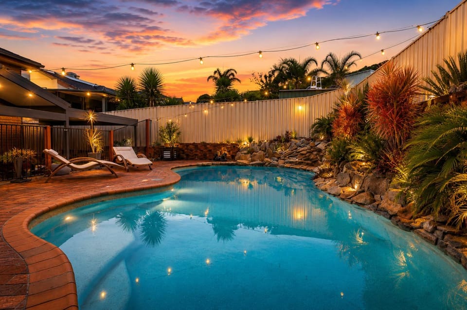 Night, Garden, Swimming pool, Sunset, sunbed