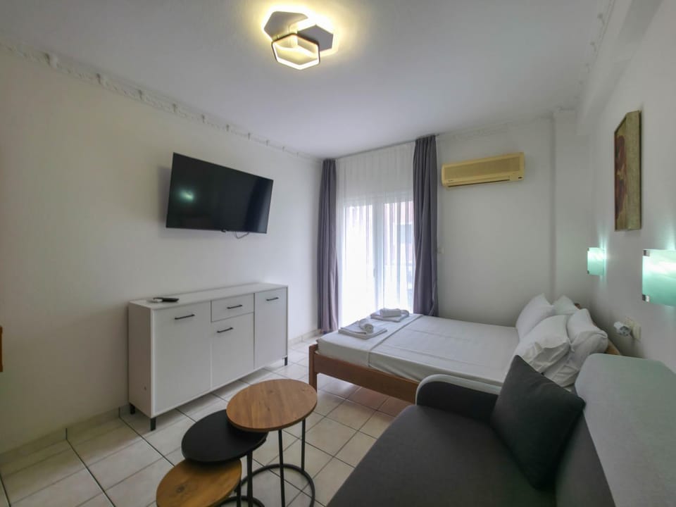 Bed, TV and multimedia, Living room, Photo of the whole room, Seating area, Bedroom, air conditioner