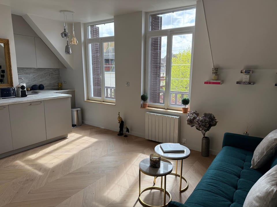 Appartement dans une Villa deauvillaise avec grand jardin, entièrement rénové, vue Hôtel Royal et vue mer, 4 couchages, 1 parking gratuit Apartment in Deauville